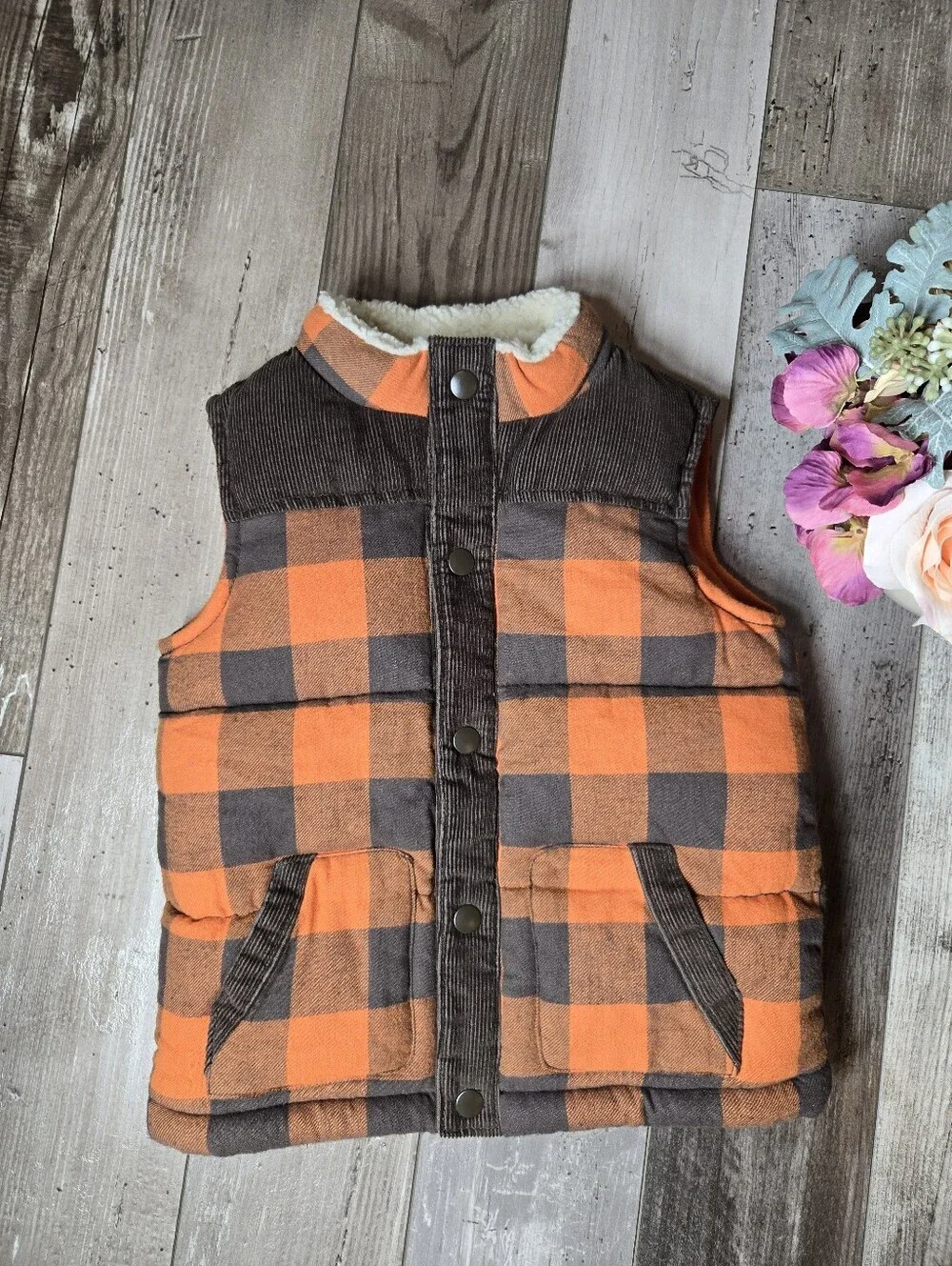 Gymboree Toddler Boy Orange and Brown Buffalo Plaid Puffer Vest Size 2T-3T NWOT